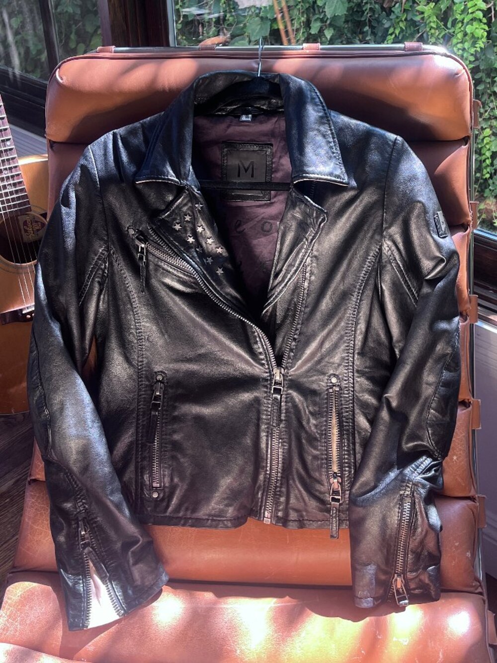 Mauritius Black Leather Moto Jacket with White stars Size 6 US like new!